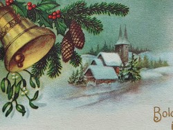 Old mini Christmas postcard 1941 cone bell church mistletoe holly greeting card 2 pcs