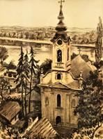 Conrád Gyula (1877 - 1959) Preobrazsenszka Szerb templom Szentendre festmény EREDETI GARANCIÁVAL !