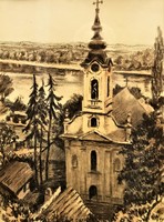 Gyula Conrád (1877-1959) Preobrazhenska Serbian Church, Szentendre, painting with Original Guarantee!