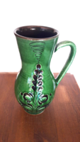 Folk handicraft ceramic jug, vase, grassy bastard with green glaze, hand painted, marked