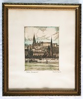 Gyula Conrád (1877–1959) - colored etching on the banks of the Danube in Buda