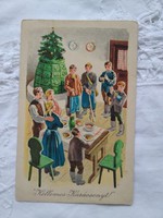 Régi grafikus magyar tradicionális karácsonyi képeslap, cserépkályha, betlehemezők 1940-es évek