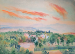 Kilátás az erdei falucskára - Vajszada Károly akvarellje - tájkép tüzes égbolttal- panoráma