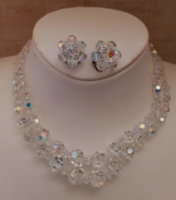 Retro two-row faceted glitter Czech crystal necklace with ear clip