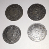NÉMET ezüst 5 Márkás 1951 évjáratú, 4 darab