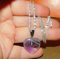 Amethyst mineral heart pierced lacy white gold plated necklace