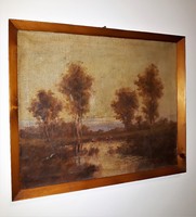 Ferenc Szentgály: marshy landscape with storks oil painting