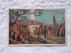 Régi grafikus karácsonyi képeslap, Jézus születése, betlehemi csillag, ajándékhozók 1936