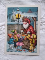 Modern grafikus karácsonyi képeslap, gyerekek manósapkában, Mikulás/Télapó
