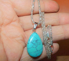 Turquoise mineral drops pierced lacy white gold plated necklace