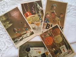 5 db régi, retró újévi képeslap, bábok, pezsgő, Szilveszter, lampionok 1960-as évek