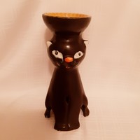 Retro craft ceramic cat, candle holder, black cat, kitten, flower holder