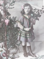 Old Christmas postcard French photo postcard with little girl playing with Christmas tree