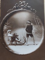 Régi újévi képeslap szecessziós masnis fotó levelezőlap gyerekek szánkó
