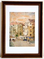Budapesti utca háború után akvarell festmény jelzett alkotás