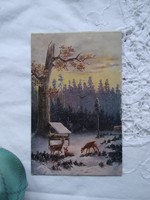 Antik angol karácsonyi képeslap, havas erdő, őzek 1910-es évek körüli