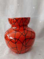 Retro narancs, piros, élénk színű, bohókás,kézzel festett, hasas vintage váza