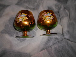 2 db Hibátlan Bohémia üveg porcelán virágos talpas zöldszínű pohár