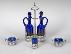 Silver oil vinegar holder with table spice racks and rare blue glass