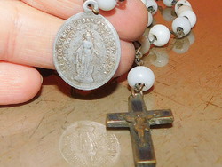 Antique mother of pearl with beaded rosary - Virgin Mary coin