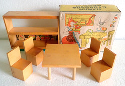 Régi retró vintage szovjet fa bababútor játék babaház bútor fajáték fabútor asztal szék dobozában