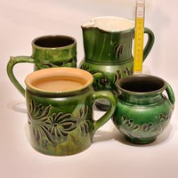 Folk, green glazed, black flower pattern ceramic 4 pcs (2037)