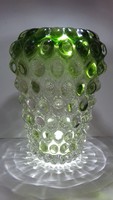 Különleges vastag falú súlyos bütykös zöld színátmenetes üveg váza