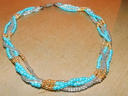Blue-gold beaded 4-row braided delicate necklace