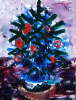 András Gerő (1935): Christmas tree - gouache painting