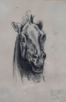 László Patay (1932-2002): portrait of a horse, carbon drawing (dedicated, 1978) 30x42 cm, animals. Animal picture