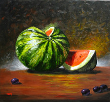 Moona: still life with melon and plums original oil painting