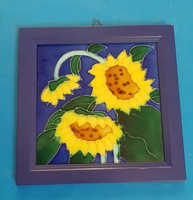Enamel tiles with sunflowers, framed