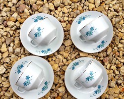 4 pcs retro porcelain cups and plates, blue floral, gold border, marked