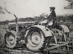 Szennik: seedling lifting with machine - etching (37.5x28cm) under protective film, tractor