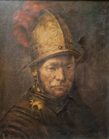 Rembrandt: male copy with gold helmet (oil, canvas, 52x64 cm, framed) Dutch golden age