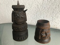Carved wooden desk accessories, 8 and 15 cm high