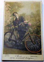 Antik francia üdvözlő fotó képeslap  kerékpár