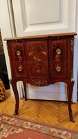 Modern style small chest of drawers. Marquetry with wood inlay. Bronze ornaments. Marble tiles ..