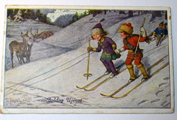 Antik H Schubert képeslap Újévi üdvözlet síelő gyerekek