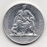 Vatikán 5 Lira, 1948, ritka, szép