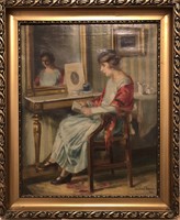Gyula Dabasi smith (1885-1952) “reading lady” c. 58X48 cm oil painting