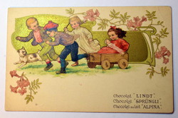Antik szecessziós Lindt csokoládé reklám képeslap játszó gyerekekkel