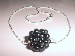 Night black pearl sphere like hexagon. Strong Tibetan silver necklace