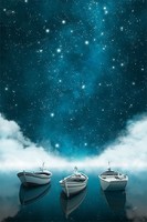 Moira risen: seven sailing at sea - star gazing. Contemporary, signed fine art print, boats in fog