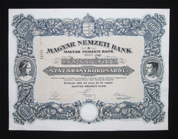 Magyar Nemzeti Bank részvény 100 aranykorona 1924 MNB