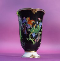 Antik Drasche porcelán váza egyedi festéssel egzotikus madarak növények
