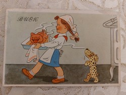 Régi újévi képeslap rajzos levelezőlap szilveszter konyhai jelenet kislány sült malac kutya sparhelt