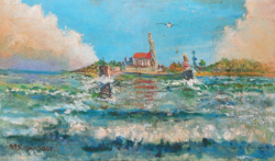 Impressionist landscape, unidentified (oil on canvas, 30x50 cm) sea, waterfront landscape with building, island