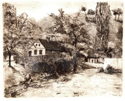 Tardos-Taussig Ármin (1874-1936): Ház a dombok között, 1903 - antik rézkarc, keretezve