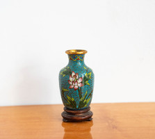 Kínai rekeszzománc váza, türkiz kék zománcos váza virág mintával, cloisonné, cloissoné